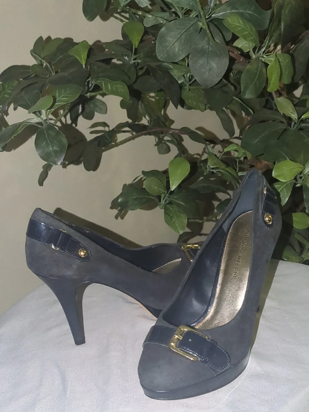 ANTONIO MELANI Navy Suede Buckle Peep-Toe Pumps